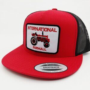 International Farmall Red And Black Mesh Yupoong Flat Bill Snap Back Hat Cap